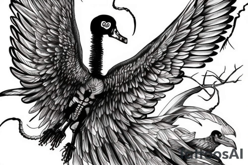 Black swan skeleton in flight from below tattoo idea