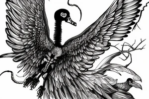 Black swan skeleton in flight from below tattoo idea