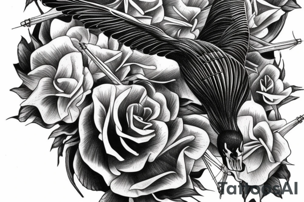 Black swan skeleton in flight from below tattoo idea