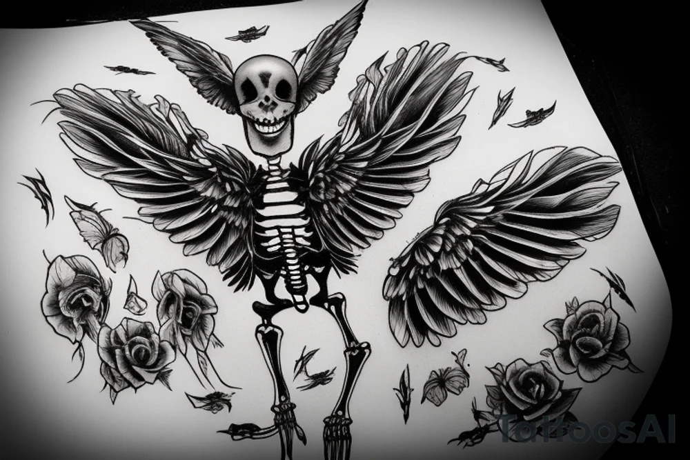 Black swan skeleton in flight from below tattoo idea