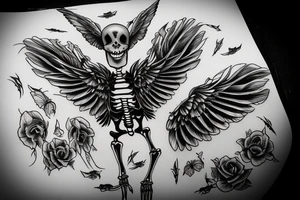 Black swan skeleton in flight from below tattoo idea
