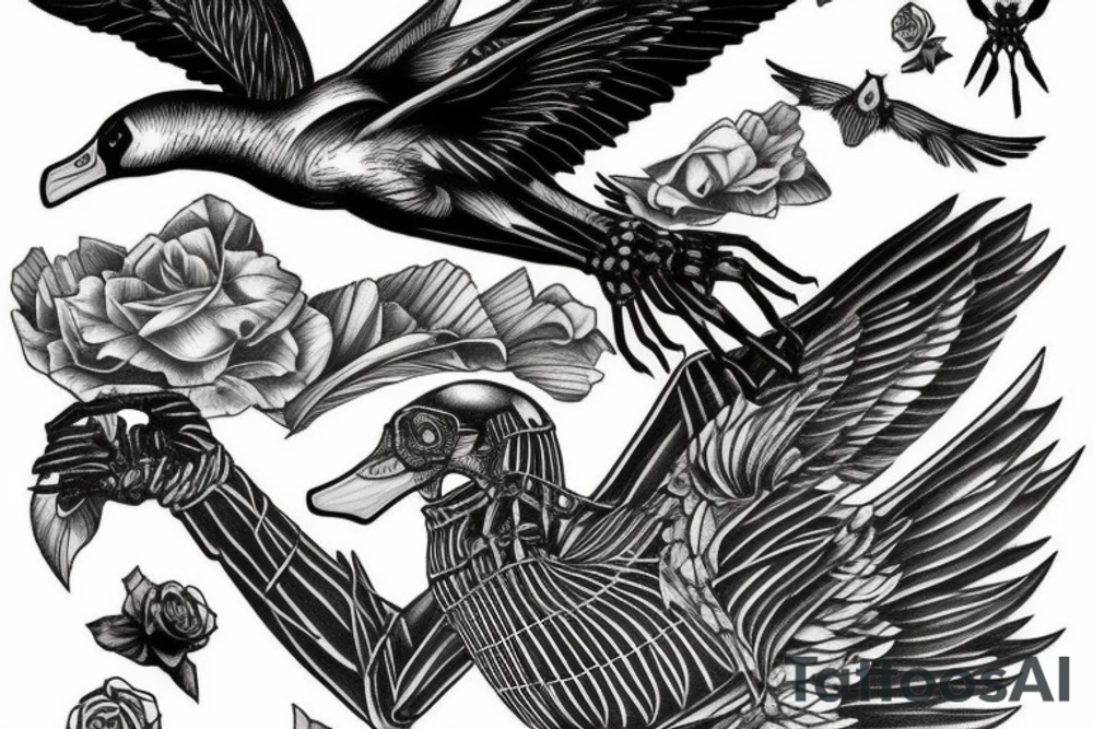 Black swan skeleton in flight from below tattoo idea