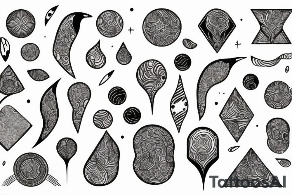 Paisely, secritary bird, bust, swirls, dots, geometric shapes tattoo idea