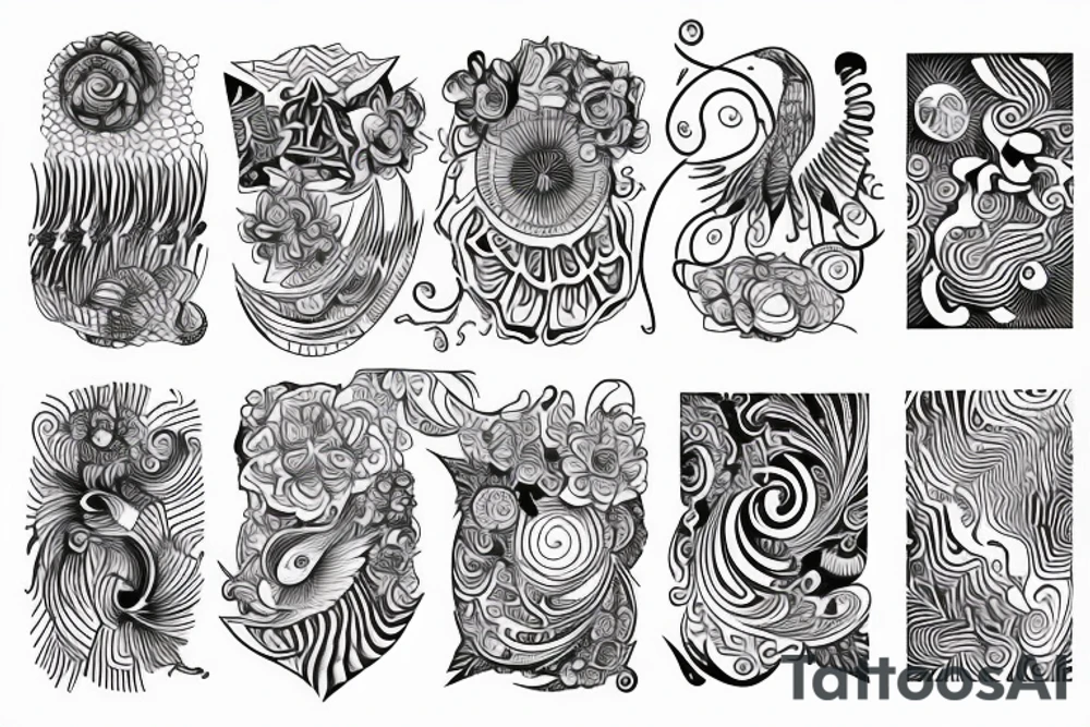 Paisely, secritary bird, bust, swirls, dots, geometric shapes tattoo idea