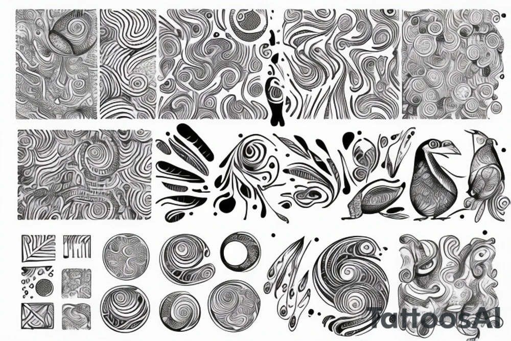 Paisely, secritary bird, bust, swirls, dots, geometric shapes tattoo idea