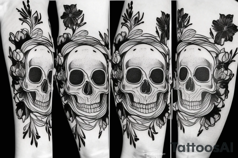 skull flower and hour glass merged into one tattoo idea