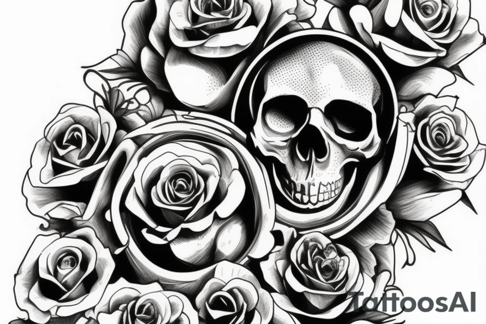 skull flower and hour glass merged into one tattoo idea