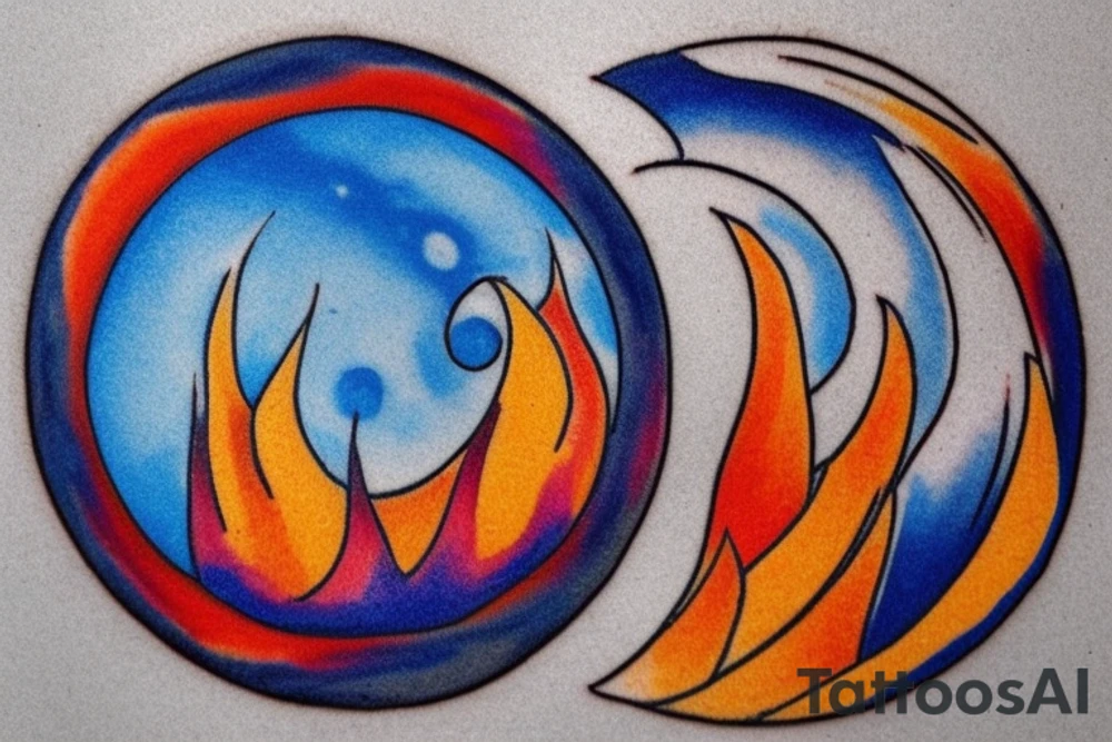 The tattoo design would be circular in shape and about 6 inches in diameter.
The background of the tattoo would be a deep shade of blue, representing the night sky.
At the bottom of the tattoo, a campfire would be depicted using shades of orange, yellow, and red. The campfire would be surrounded by small rocks and twigs, adding to the realism of the design.
Smoke would be rising from the campfire in shades of white and gray, curling upwards and intertwining with the stars above.
The wolf's head would be at the center of the tattoo, looking up towards the moon with its mouth open in a howl. The wolf's fur would be depicted using shades of gray and black, with its eyes shining in a bright yellow hue.
The moon would be depicted in shades of yellow and orange, with a faint ring around it to represent its fullness.
Surrounding the wolf's silhouette, a constellation of stars would be depicted using small dots of white ink. The stars would outline the wolf's form, adding to the overall elegance and cosmic beauty of the design.
Finally, small details such as the wolf's whiskers and the flames of the campfire would be added to make the design even more intricate and lifelike. tattoo idea