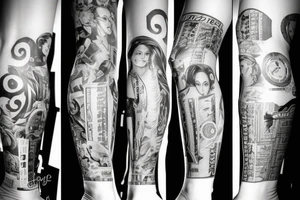 leg sleeve including clouds, money, gambling, girls, youtube tattoo idea
