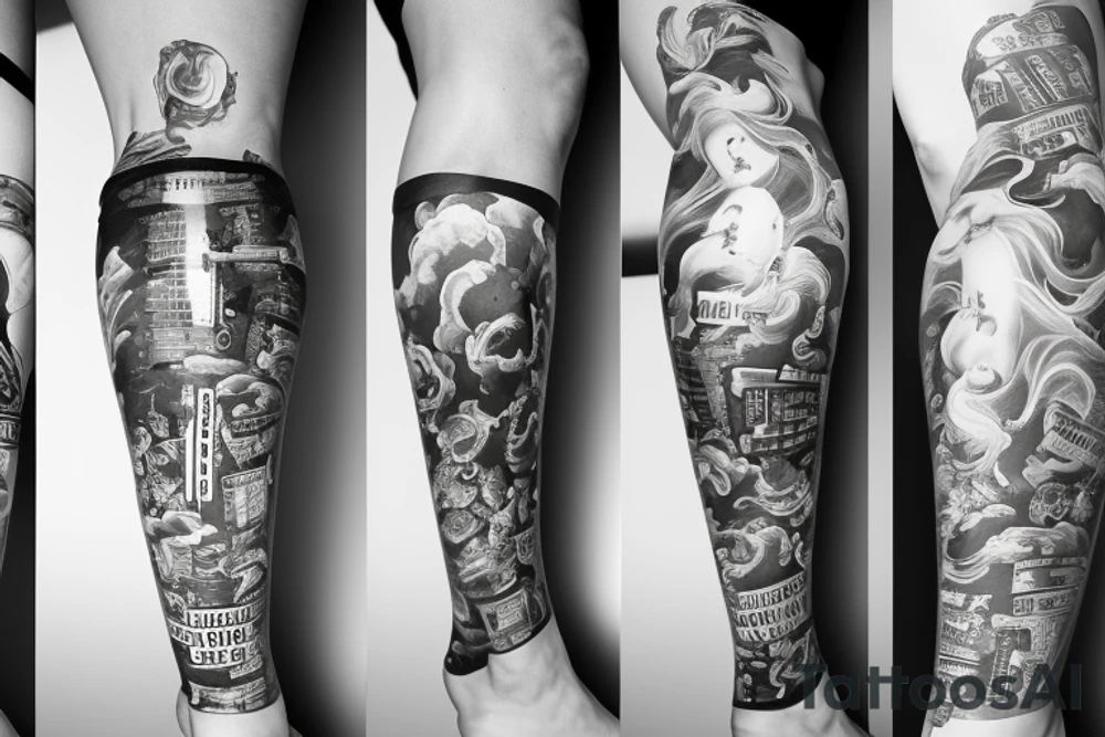 leg sleeve including clouds, money, gambling, girls, youtube tattoo idea leg sleeve including clouds, money, gambling, girls, youtube tattoo idea