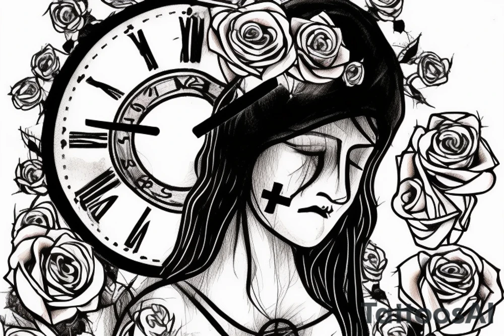 Bridge,guitar,woman,angel,cross,Cross,roses,Thorns,roman numbers,blindfolded woman,roses wrapped around a cross, time, man hanging on the clock time picker tattoo idea