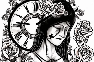 Bridge,guitar,woman,angel,cross,Cross,roses,Thorns,roman numbers,blindfolded woman,roses wrapped around a cross, time, man hanging on the clock time picker tattoo idea