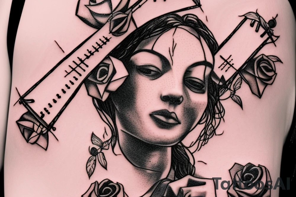 Bridge,guitar,woman,angel,cross,Cross,roses,Thorns,roman numbers,blindfolded woman,roses wrapped around a cross, time, man hanging on the clock time picker tattoo idea