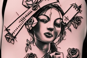 Bridge,guitar,woman,angel,cross,Cross,roses,Thorns,roman numbers,blindfolded woman,roses wrapped around a cross, time, man hanging on the clock time picker tattoo idea