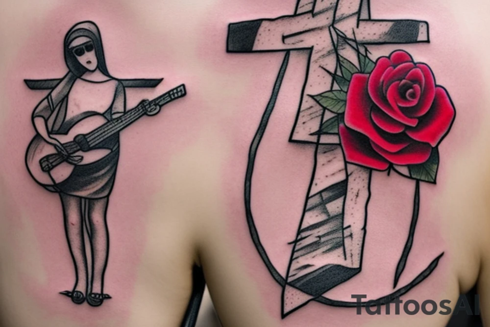 Bridge,guitar,woman,angel,cross,Cross,roses,Thorns,roman numbers,blindfolded woman,roses wrapped around a cross, time, man hanging on the clock time picker tattoo idea