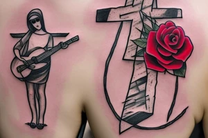 Bridge,guitar,woman,angel,cross,Cross,roses,Thorns,roman numbers,blindfolded woman,roses wrapped around a cross, time, man hanging on the clock time picker tattoo idea