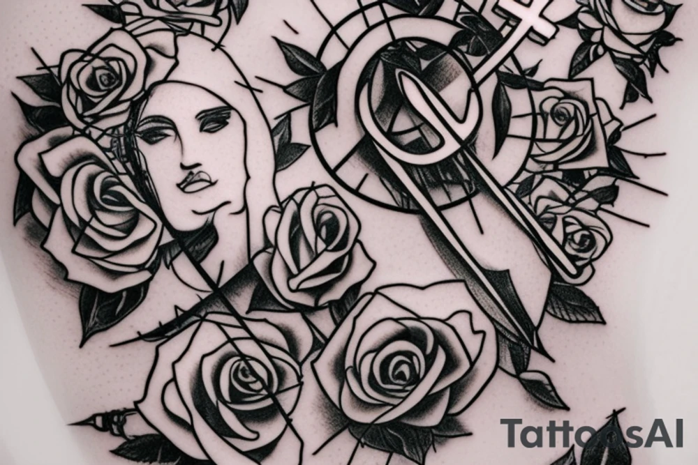 Bridge,guitar,woman,angel,cross,Cross,roses,Thorns,roman numbers,blindfolded woman,roses wrapped around a cross, time, man hanging on the clock time picker tattoo idea