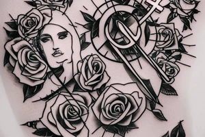 Bridge,guitar,woman,angel,cross,Cross,roses,Thorns,roman numbers,blindfolded woman,roses wrapped around a cross, time, man hanging on the clock time picker tattoo idea