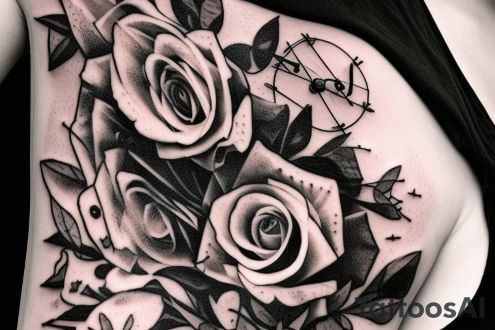 Bridge,guitar,woman,angel,cross,Cross,roses,Thorns,roman numbers,blindfolded woman,roses wrapped around a cross, time, man hanging on the clock time picker tattoo idea
