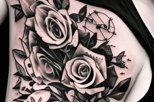 Bridge,guitar,woman,angel,cross,Cross,roses,Thorns,roman numbers,blindfolded woman,roses wrapped around a cross, time, man hanging on the clock time picker tattoo idea