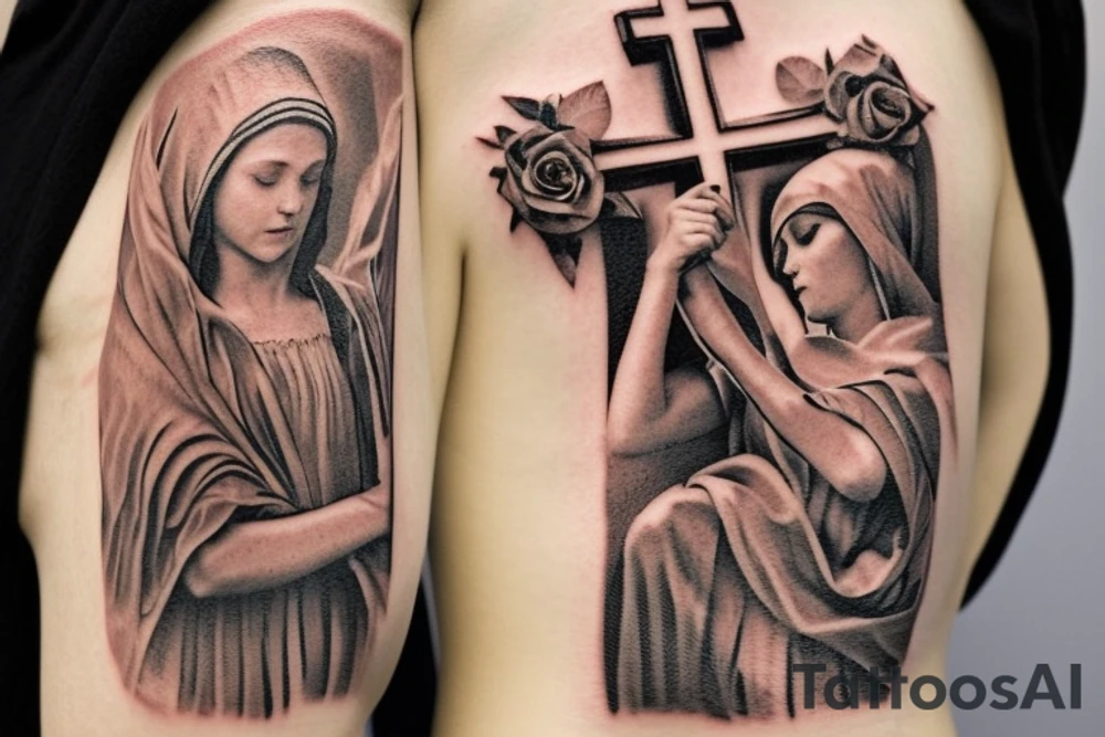 Bridge,guitar,woman,angel,cross,Cross,roses,Thorns,roman numbers,blindfolded woman,roses wrapped around a cross, time, man hanging on the clock time picker tattoo idea
