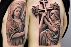Bridge,guitar,woman,angel,cross,Cross,roses,Thorns,roman numbers,blindfolded woman,roses wrapped around a cross, time, man hanging on the clock time picker tattoo idea