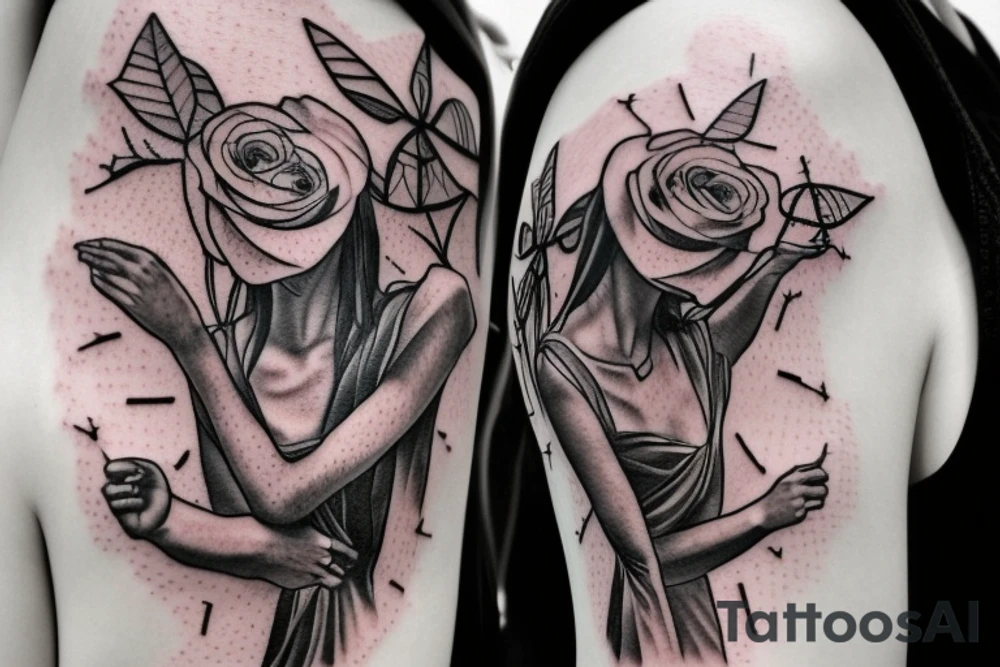 Bridge,guitar,woman,angel,cross,Cross,roses,Thorns,roman numbers,blindfolded woman,roses wrapped around a cross, time, man hanging on the clock time picker tattoo idea