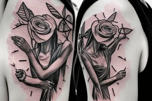 Bridge,guitar,woman,angel,cross,Cross,roses,Thorns,roman numbers,blindfolded woman,roses wrapped around a cross, time, man hanging on the clock time picker tattoo idea