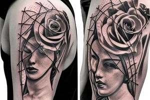 Bridge,guitar,woman,angel,cross,Cross,roses,Thorns,roman numbers,blindfolded woman,roses wrapped around a cross, time, man hanging on the clock time picker tattoo idea