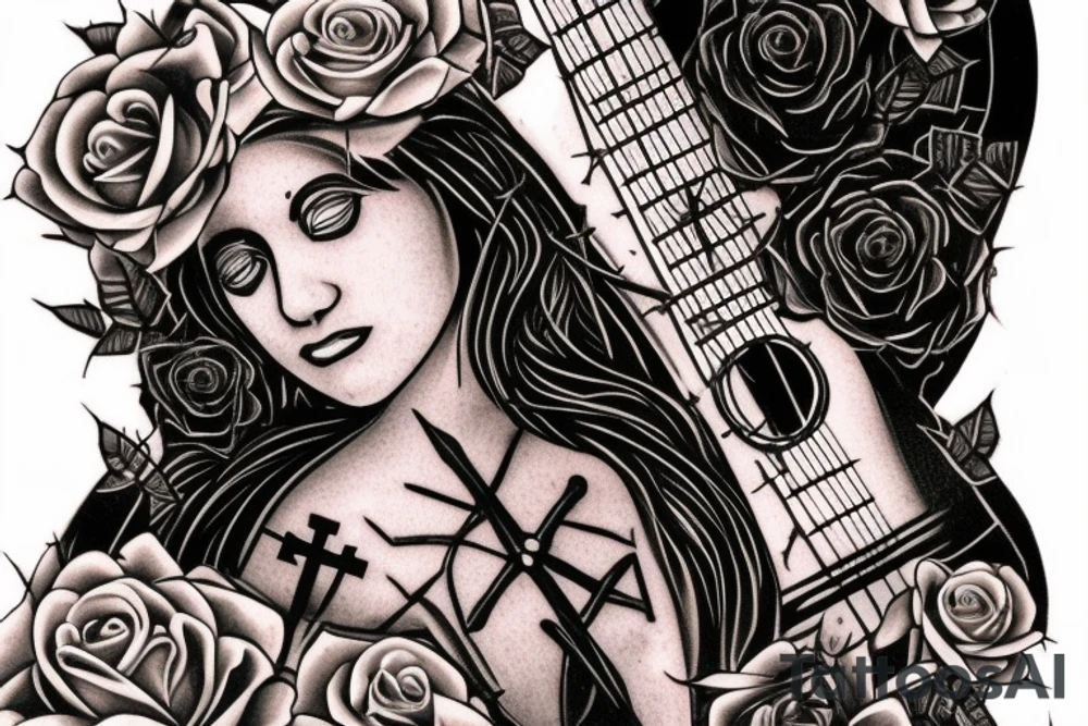 Bridge,guitar,woman,angel,cross,Cross,roses,Thorns,roman numbers,blindfolded woman,roses wrapped around a cross, time, man hanging on the clock time picker tattoo idea