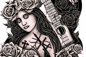 Bridge,guitar,woman,angel,cross,Cross,roses,Thorns,roman numbers,blindfolded woman,roses wrapped around a cross, time, man hanging on the clock time picker tattoo idea