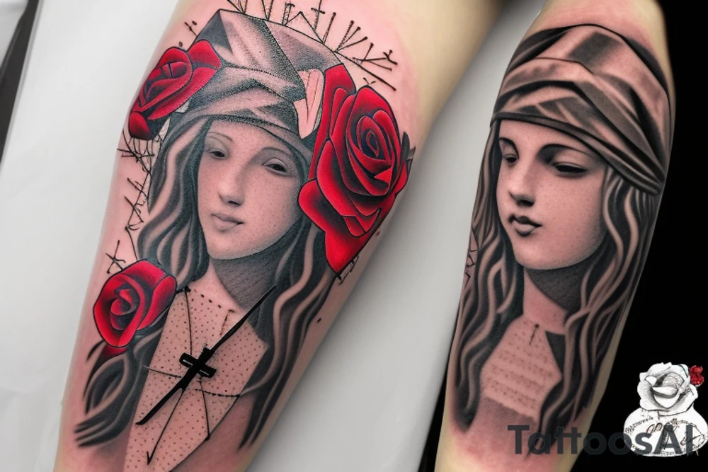 Bridge,guitar,woman,angel,cross,Cross,roses,Thorns,roman numbers,blindfolded woman,roses wrapped around a cross, time, man hanging on the clock time picker tattoo idea