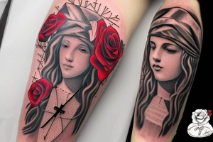 Bridge,guitar,woman,angel,cross,Cross,roses,Thorns,roman numbers,blindfolded woman,roses wrapped around a cross, time, man hanging on the clock time picker tattoo idea