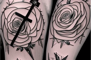 Bridge,guitar,woman,angel,cross,Cross,roses,Thorns,roman numbers,blindfolded woman,roses wrapped around a cross, time, man hanging on the clock time picker tattoo idea