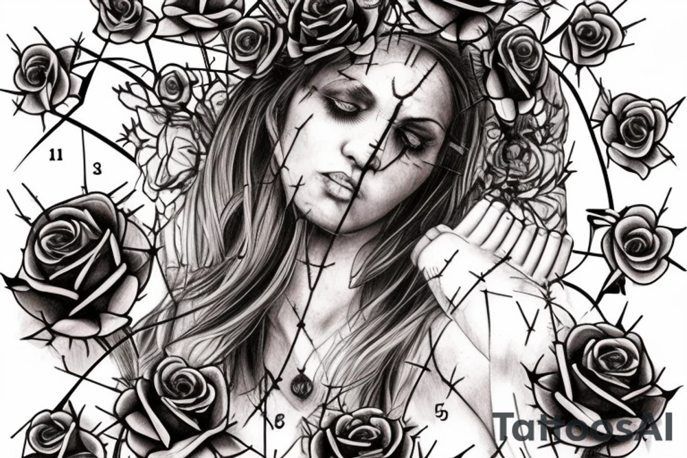 Bridge,guitar,woman,angel,cross,Cross,roses,Thorns,roman numbers,blindfolded woman,roses wrapped around a cross, time, man hanging on the clock time picker tattoo idea