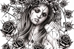 Bridge,guitar,woman,angel,cross,Cross,roses,Thorns,roman numbers,blindfolded woman,roses wrapped around a cross, time, man hanging on the clock time picker tattoo idea