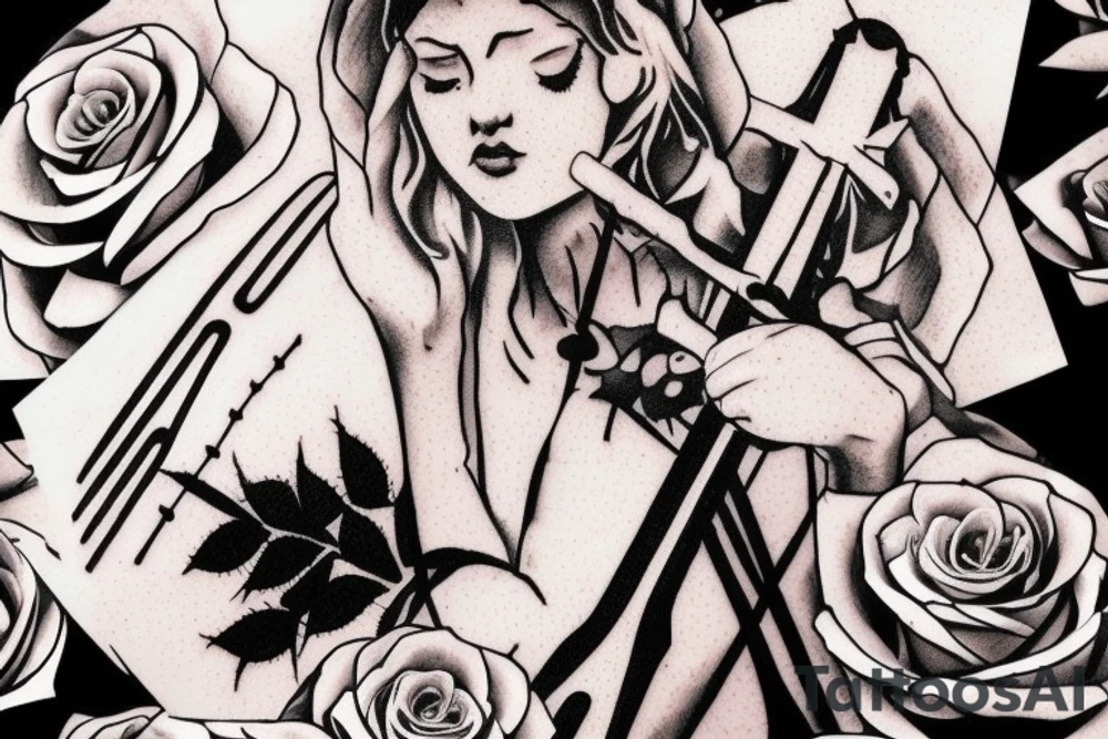 Bridge,guitar,woman,angel,cross,Cross,roses,Thorns,roman numbers,blindfolded woman,roses wrapped around a cross, time, man hanging on the clock time picker tattoo idea