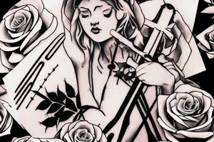 Bridge,guitar,woman,angel,cross,Cross,roses,Thorns,roman numbers,blindfolded woman,roses wrapped around a cross, time, man hanging on the clock time picker tattoo idea