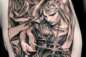 Bridge,guitar,woman,angel,cross,Cross,roses,Thorns,roman numbers,blindfolded woman,roses wrapped around a cross, time, man hanging on the clock time picker tattoo idea