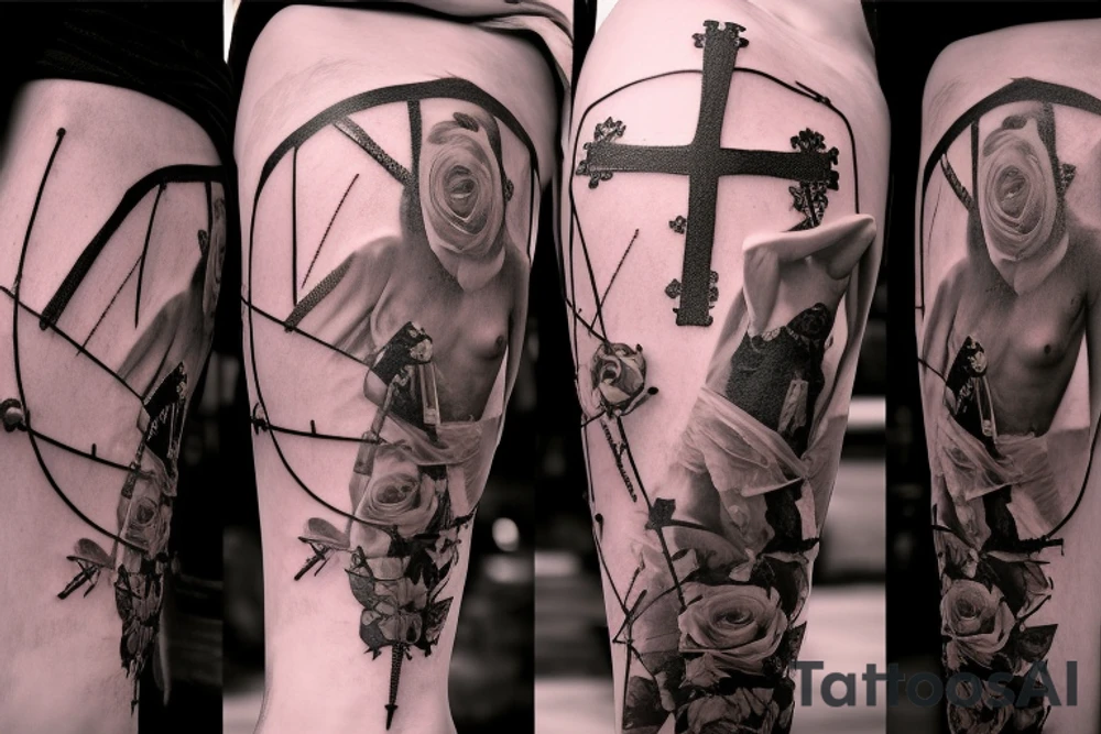 Bridge,guitar,woman,angel,cross,Cross,roses,Thorns,roman numbers,blindfolded woman,roses wrapped around a cross, time, man hanging on the clock time picker tattoo idea