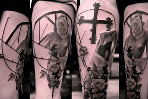 Bridge,guitar,woman,angel,cross,Cross,roses,Thorns,roman numbers,blindfolded woman,roses wrapped around a cross, time, man hanging on the clock time picker tattoo idea