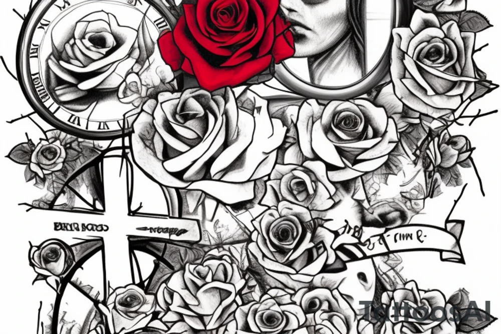 SexyBridge,guitarneck as a bridgetower ,woman,angel,cross,Cross,roses,Thorns,roman numbers,blindfolded woman,roses wrapped around a cross, time, clock time picker tattoo idea