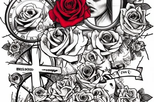 SexyBridge,guitarneck as a bridgetower ,woman,angel,cross,Cross,roses,Thorns,roman numbers,blindfolded woman,roses wrapped around a cross, time, clock time picker tattoo idea