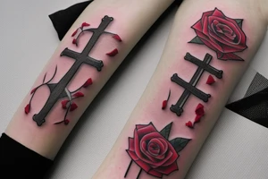 SexyBridge,guitarneck as a bridgetower ,woman,angel,cross,Cross,roses,Thorns,roman numbers,blindfolded woman,roses wrapped around a cross, time, clock time picker tattoo idea