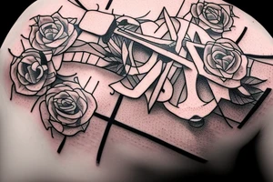 SexyBridge,guitarneck as a bridgetower ,woman,angel,cross,Cross,roses,Thorns,roman numbers,blindfolded woman,roses wrapped around a cross, time, clock time picker tattoo idea