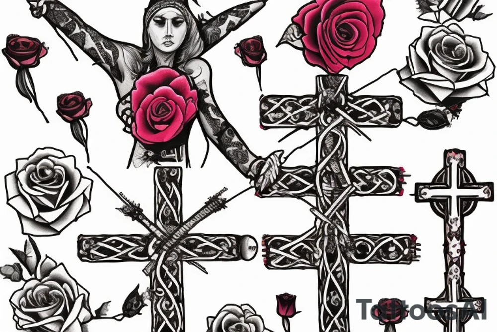 SexyBridge,guitarneck as a bridgetower ,woman,angel,cross,Cross,roses,Thorns,roman numbers,blindfolded woman,roses wrapped around a cross, time, clock time picker tattoo idea