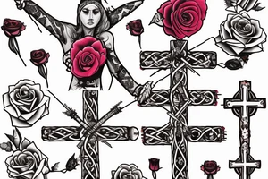SexyBridge,guitarneck as a bridgetower ,woman,angel,cross,Cross,roses,Thorns,roman numbers,blindfolded woman,roses wrapped around a cross, time, clock time picker tattoo idea