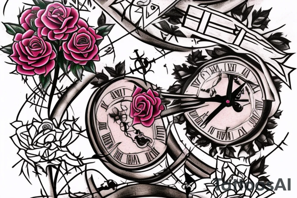 SexyBridge,guitarneck as a bridgetower ,woman,angel,cross,Cross,roses,Thorns,roman numbers,blindfolded woman,roses wrapped around a cross, time, clock time picker tattoo idea