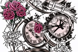 SexyBridge,guitarneck as a bridgetower ,woman,angel,cross,Cross,roses,Thorns,roman numbers,blindfolded woman,roses wrapped around a cross, time, clock time picker tattoo idea