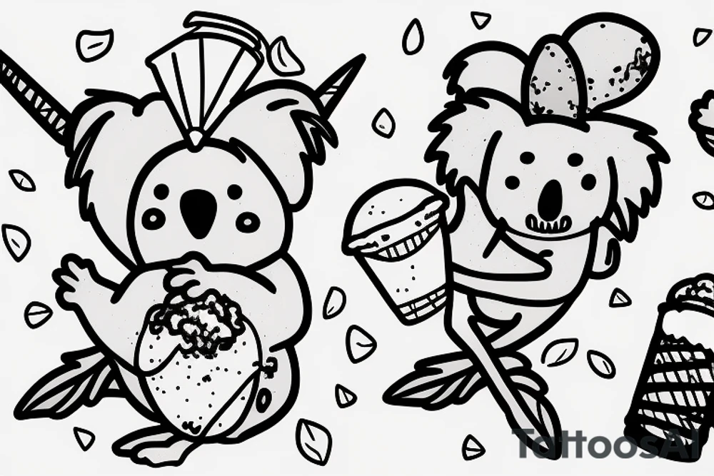 A koala with its legs wrapped around a branch while licking an ice cream cone tattoo idea